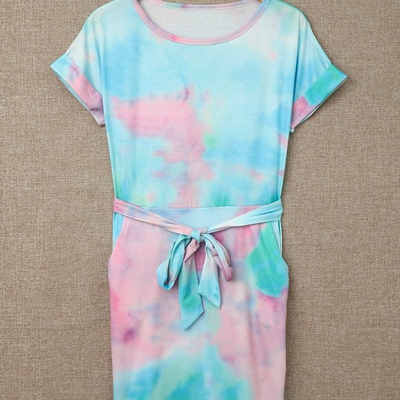 Boutique! Multicolor Tie-dye Pocketed T-shirt Dress with Belt - Picture 4 of 8